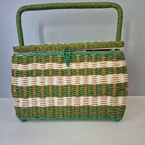 JCPenney VTG Green White Wicker Divider Sewing Box Caddy w/ Handle Accessories